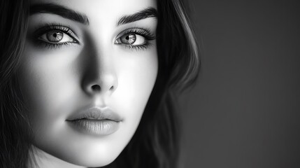Fototapeta premium Dramatic Monochrome Portrait of a Young Woman with Beautiful Eyes and Dark Hair