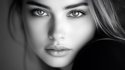 Fototapeta premium Dramatic Close Up Portrait of a Beautiful Woman with Sparkling Eyes in Black and White