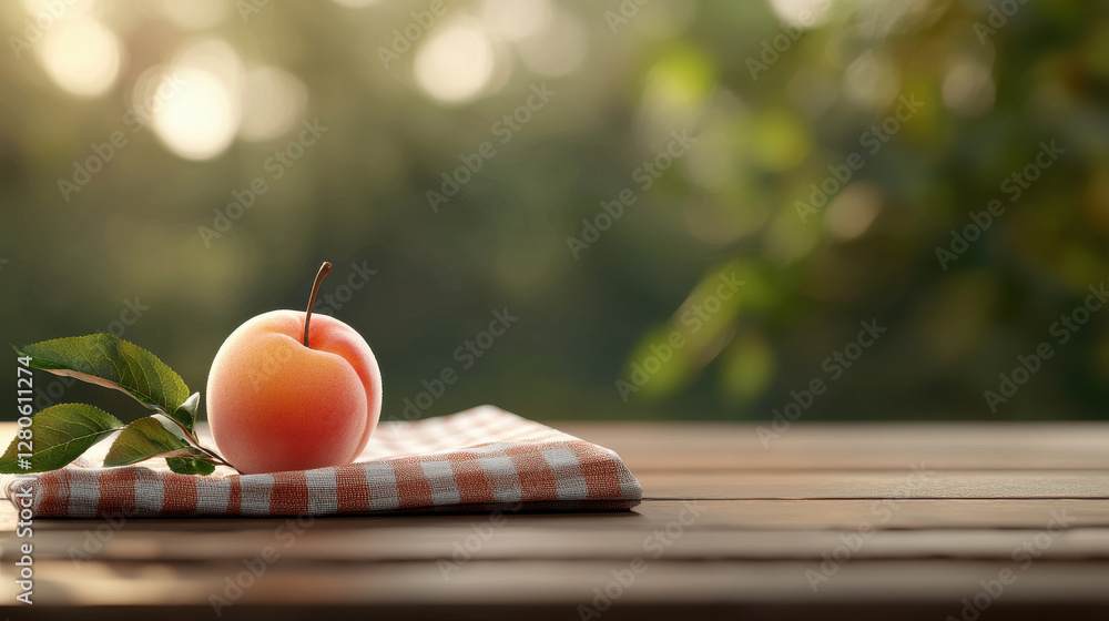 Poster ripe peach rests on checkered picnic cloth on wooden table, surrounded by serene outdoor setting wit