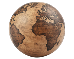 wooden globe featuring detailed engravings of continents, showcasing vintage design. This artistic representation highlights beauty of geography and craftsmanship