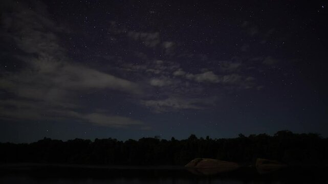 A wide view in Timelapse of the stars and the Orinoco River from the Amazon Rainforest in Venezuela
