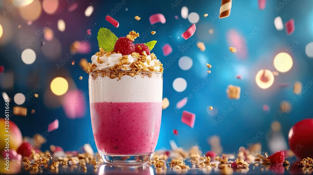 Poster vibrant smoothie jar with layered fruit, topped with whipped cream, granola, and raspberry, surround