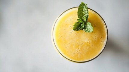 A minimalist approach where a pineapple ginger smoothie is placed against a pure white background with a single fresh mint leaf floating on top