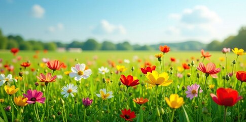 Fototapeta premium Colorful mix of annual flowers growing in a field, meadow, grasslands, horticulture