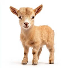 Obraz premium Adorable Baby Goat Kid with Fluffy Fur, Standing Against a White Background