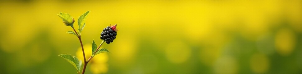 Delicate blackberry twig in full bloom on a bright yellow field, plant, garden, nature