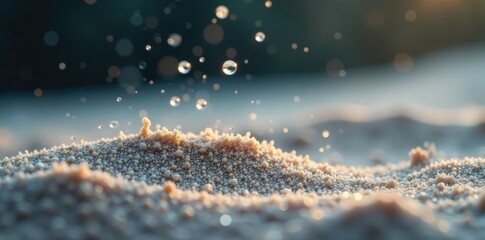 Droplets of liquid falling onto fine grain sand, silver, fluid, rainy