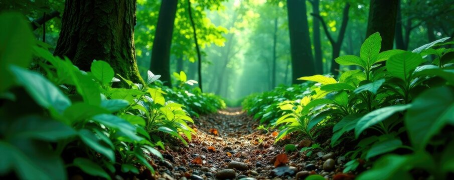 Emerald green foliage scattered on the forest floor, tropical plants, greenery, wild growth