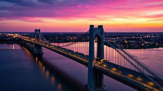Delaware Memorial Bridge illuminated at dusk showcasing vibrant sky and city lights, Aerial Delaware Memorial Bridge at dusk