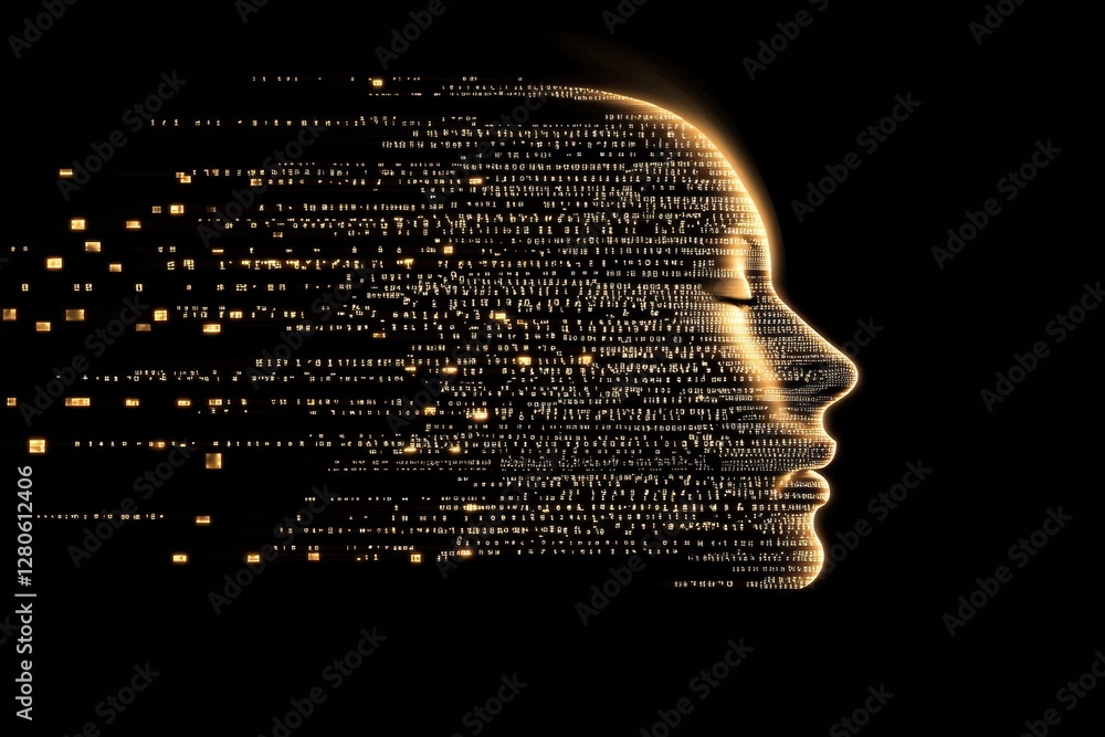 Poster Human face outline transforms into a dynamic stream of binary code reflecting the future of artificial intelligence concepts. Generative AI