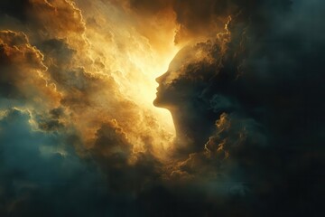 Fototapeta premium renaissance-inspired digital painting of divine light breaking through storm clouds around a serene spiritual figure