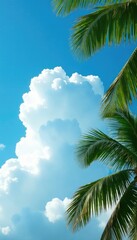 Fluffy white clouds drift across the bright blue sky as coconut tree leaves rustle softly, relaxation, serenity, nature