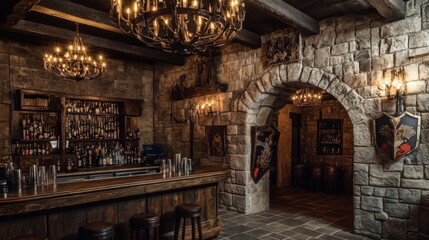 Medieval-Themed Bar with Stone Walls and Dark Wood