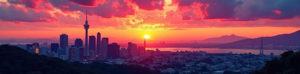 Vibrant sunset paints Auckland skyline, Sky Tower prominent from Mount Eden , view, cityscape