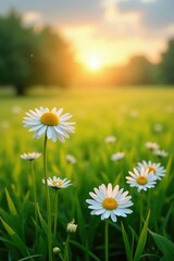 Fresh white daisies sway gently on a lush green meadow at sunrise, flowers, grassy field