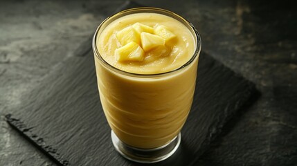 A smoothie elegantly poured into a double-walled glass, with swirls of fresh pineapple puree visible inside, placed on a dark slate surface