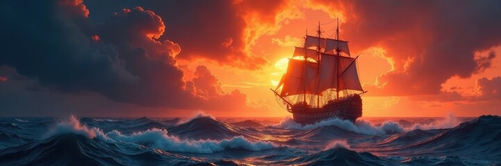 Fototapeta premium Ancient galleon battles raging storm, fiery sunset , fiery, turbulence, dramatic sky