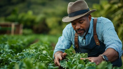 Farmer inspecting greens in a field at sunset