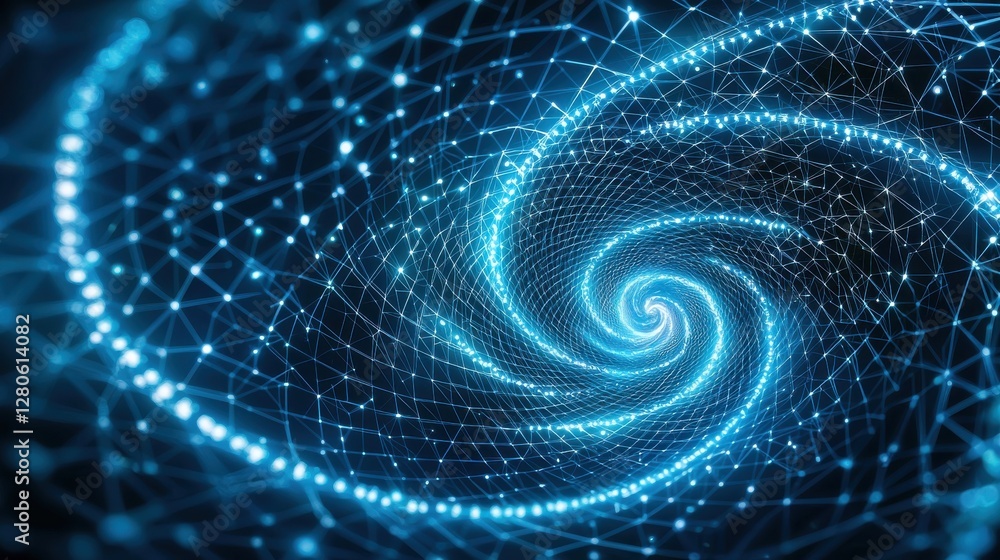 Poster a swirling blue vortex of light and energy, representing a dynamic flow of digital particles and int