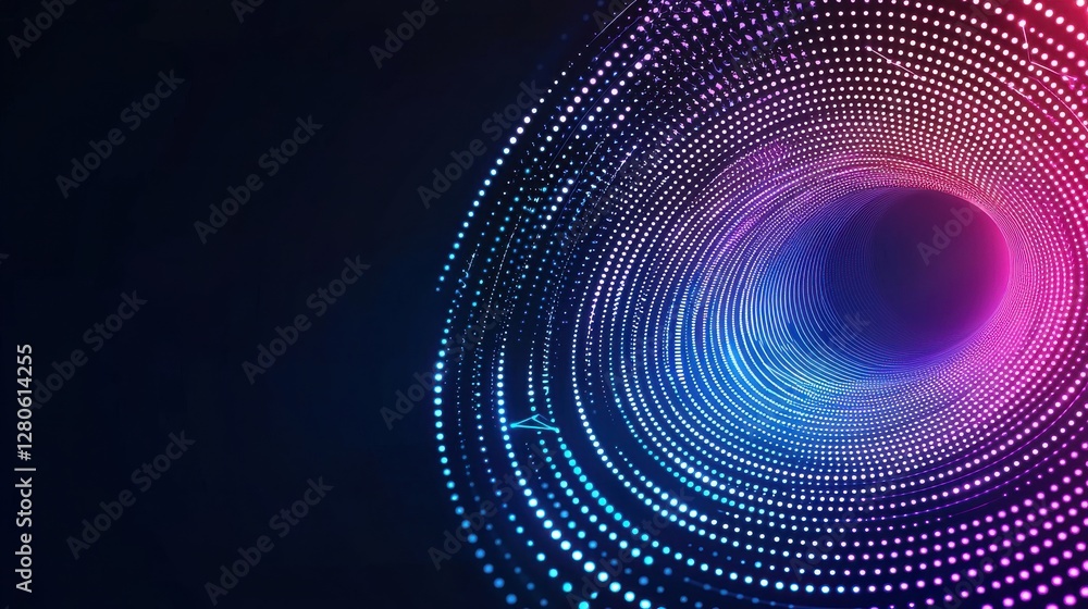 Poster a vibrant digital vortex of colorful dots, creating a mesmerizing tunnel effect against a dark backg