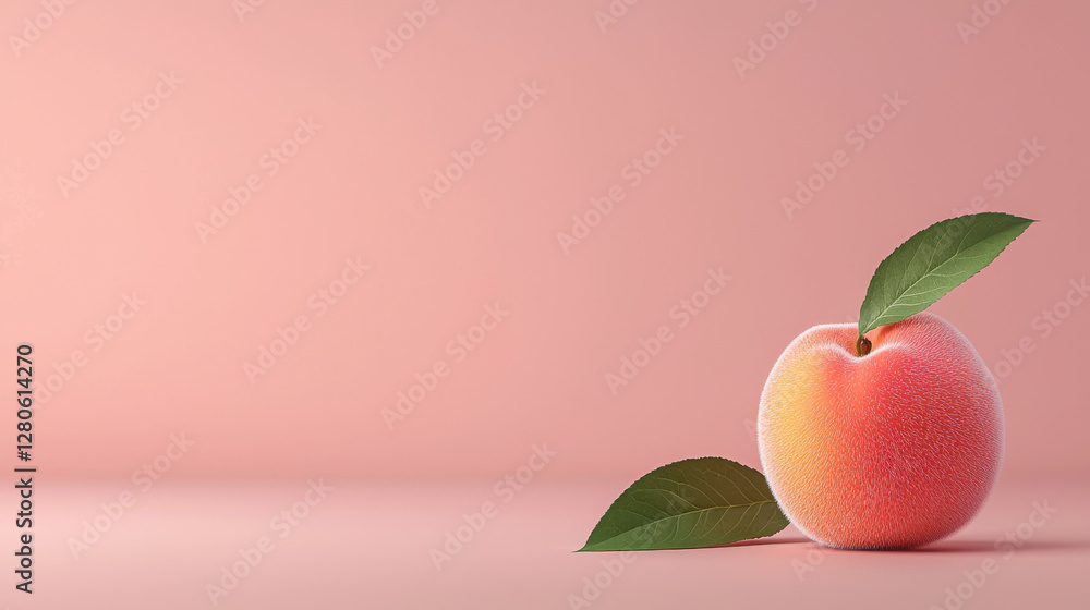 Poster close up 3D illustration of peach with realistic fuzz and green leaves on soft pink background. image highlights texture and color of fruit