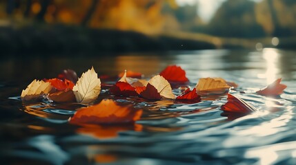 Autumn leaves float on calm water.