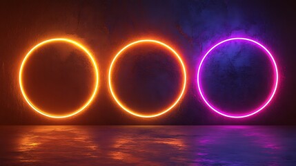 Neon Circles Illuminate Dark Room Wall