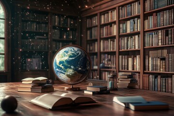 Exploring the world in a cozy library filled with books and a detailed globe