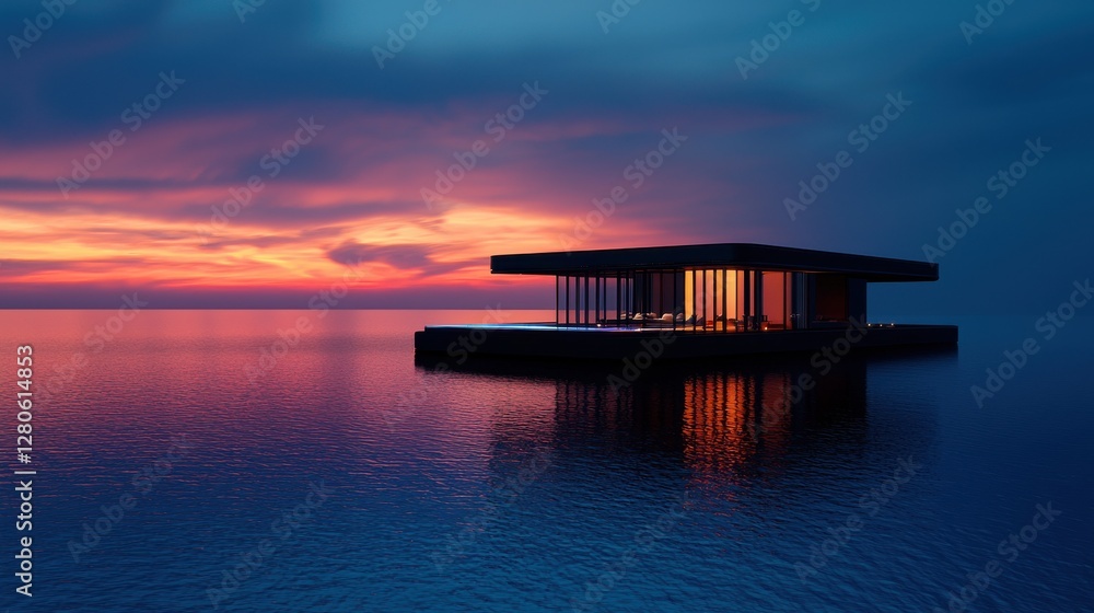 Poster a serene architectural structure sits on calm waters, illuminated by a vibrant sunset, creating a pi