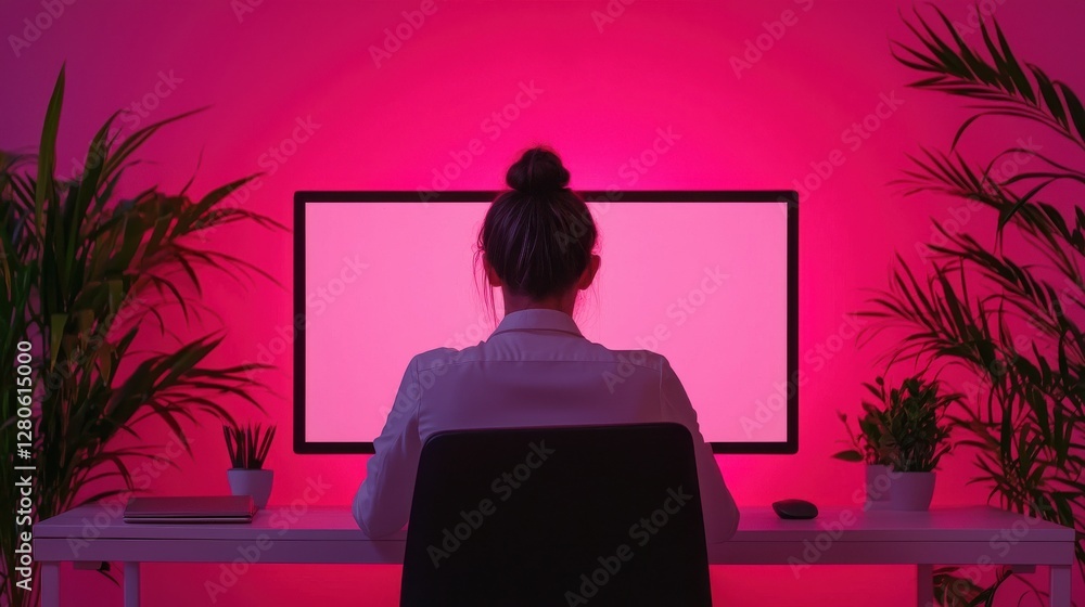 Poster a person sits in front of a computer screen, illuminated by pink lighting and surrounded by indoor p