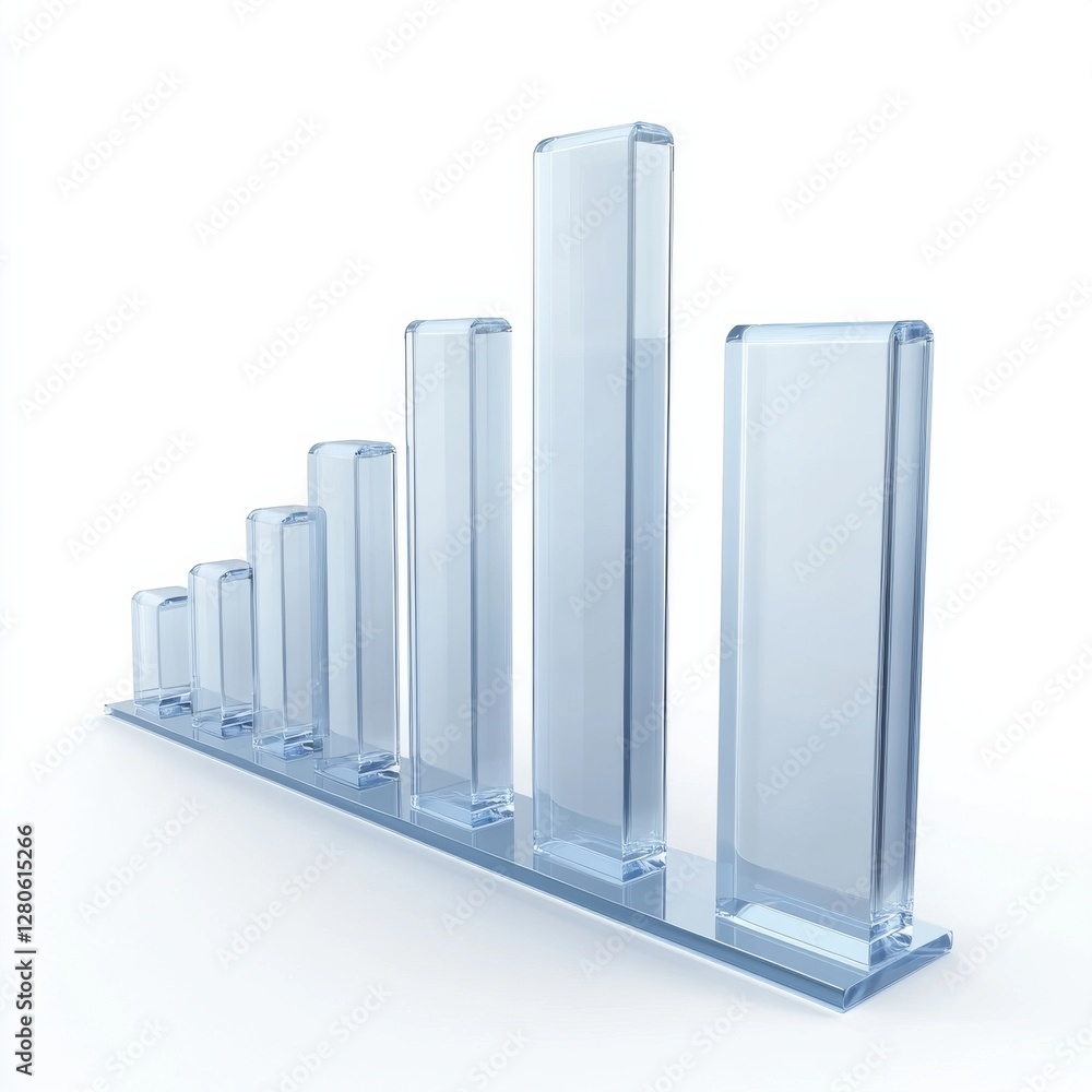 Poster a clear gradient bar graph made of glass, representing data growth and trends in a modern, minimalis