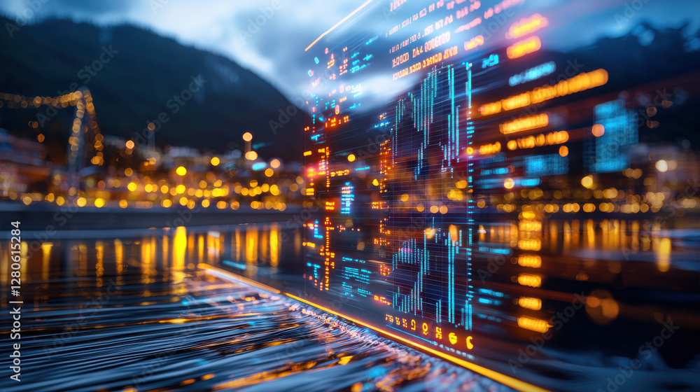 Fototapete digital display of financial data reflects over cityscape at night, showcasing vibrant lights and dy