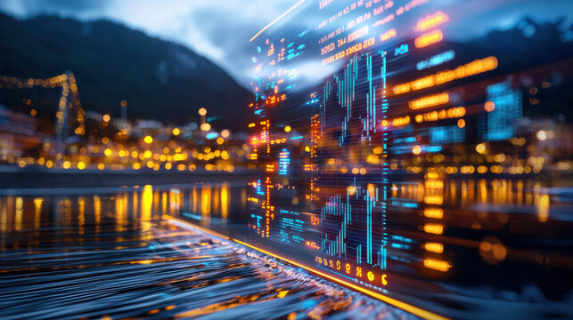 digital display of financial data reflects over cityscape at night, showcasing vibrant lights and dynamic atmosphere. scene captures intersection of technology and urban life