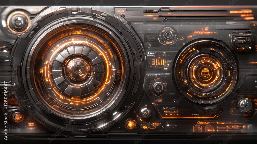 Poster futuristic control panel interface digital space graphic design high-tech environment close-up view 