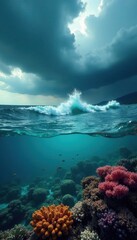 Naklejka premium Turbulent storm clouds, raging waves above tranquil coral reef teeming with fish, tropical, hurricane