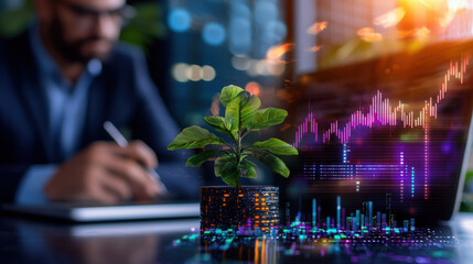 small plant grows from stack of coins, symbolizing financial growth and sustainability, with blurred businessman in background and digital graphs overlaying scene