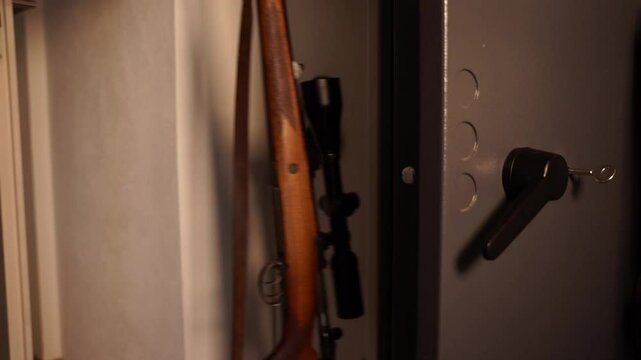 A hunter unlocks his secure gun cabinet, retrieves his rifle, and prepares for the next hunt, ensuring safety and proper firearm handling.