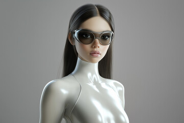 Beautiful woman in futuristic white clothing and high tech glasses posing on a bright background.