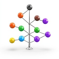 Obraz premium A colorful, abstract tree sculpture featuring spherical ornaments arranged on metal branches, showcasing a modern design.