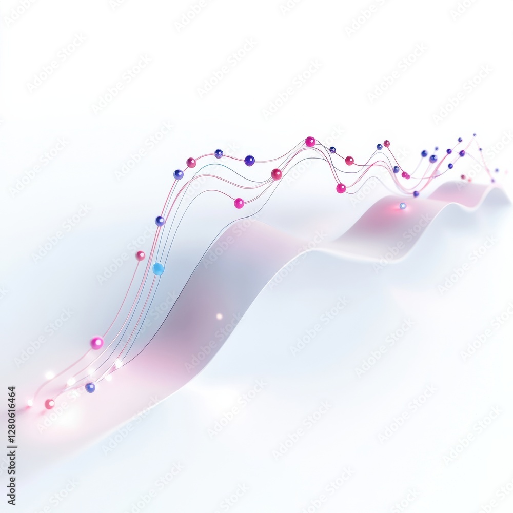 Poster a dynamic, abstract visualization of data waves, featuring colorful nodes along sleek lines, represe