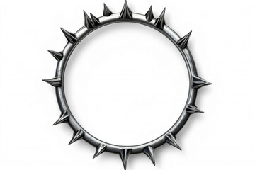Silver circular spiked object with metallic texture and pointed edges