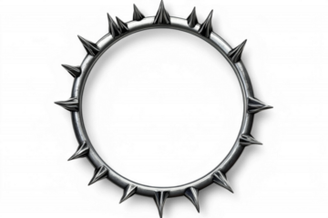 Silver circular spiked object with metallic texture and pointed edges