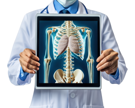 doctor holding digital tablet displaying 3D human skeleton and lungs, showcasing medical technology and anatomy. image conveys professionalism and healthcare innovation - Powered by Adobe