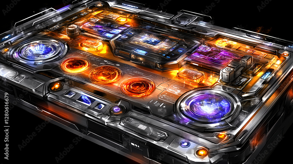 Poster dynamic futuristic control panel design tech lab digital art dark environment top-down view innovati