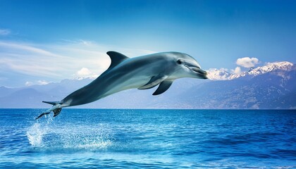Fototapeta premium Dolphin leaping in ocean against mountain backdrop nature photography vibrant seascape dynamic perspective, National Dolphin Day