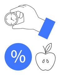 Hand holding clock indicating time management, percentage symbol representing value or discount, apple symbolizing health. Ideal for productivity, efficiency, finance, nutrition, wellness, lifestyle