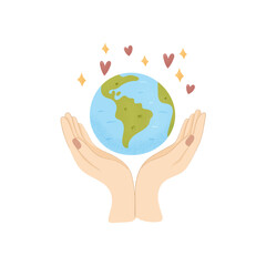 Hands Holding the Earth with Hearts and Sparkles – Environmental Awareness Illustration
