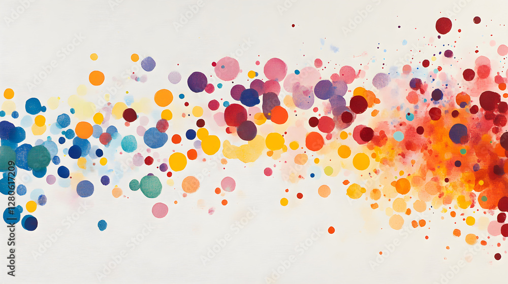 Poster pastel-colored dots scattered sporadically on a white canvas, creating a sense of depth