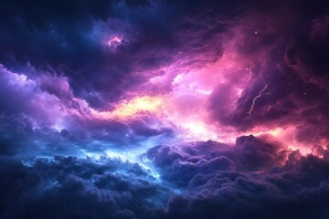 Fototapeta premium Dramatic clouds illuminated by vibrant colors and lightning in the night sky