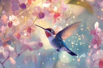ruby-throated hummingbird hovering near blooming orchids, wings caught in crystalline detail, soft bokeh background, ethereal lighting